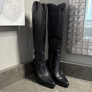 Aldo Sleek Black Leather Textured Heeled Boots